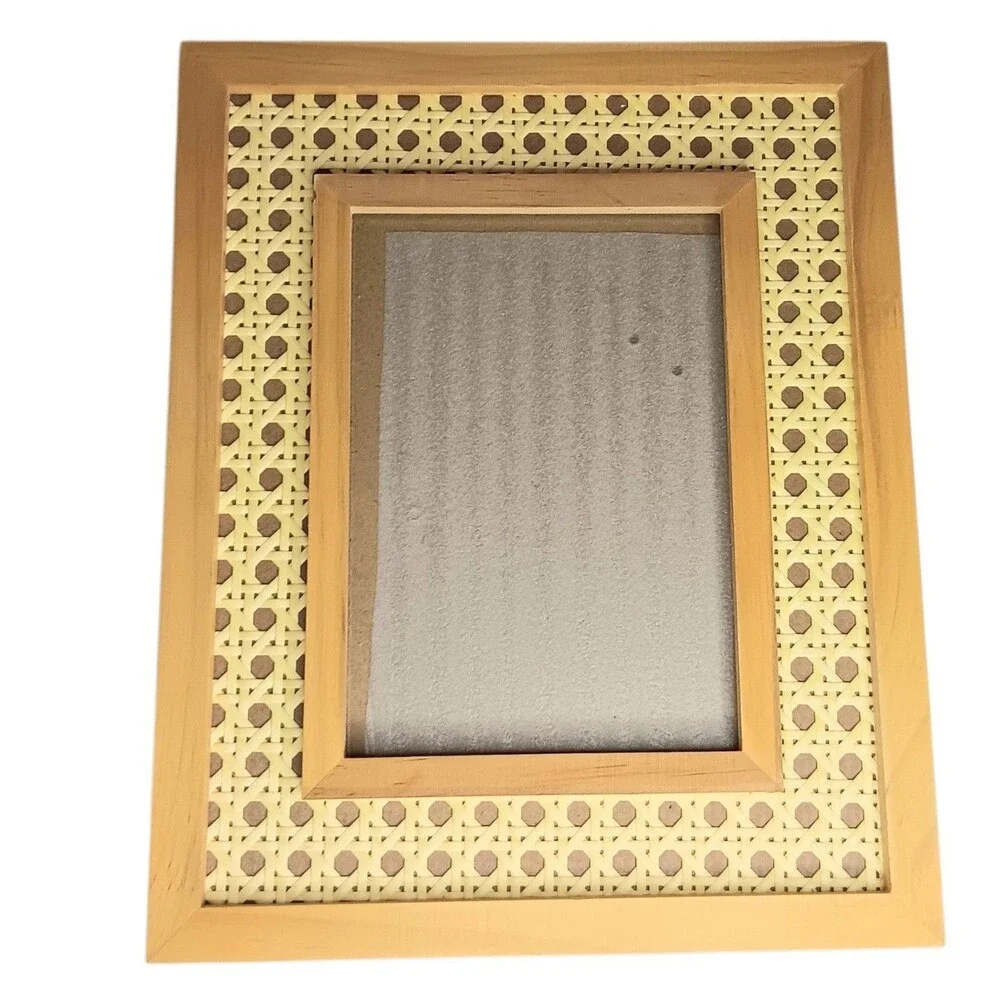 2 Boho Rattan Wicker & Wood Photo Frames Tabletop Or Wall 8.75x10.75 Photo 5x7